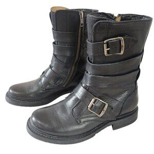 Frye Women Veronica Tanker Moto Buckle Biker Black Leather Boots Combat 5.5 B